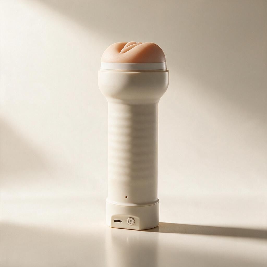 SynKink F standing upright in a warm studio, ivory body with the sleeve on top and the power button and USB-C port at the base